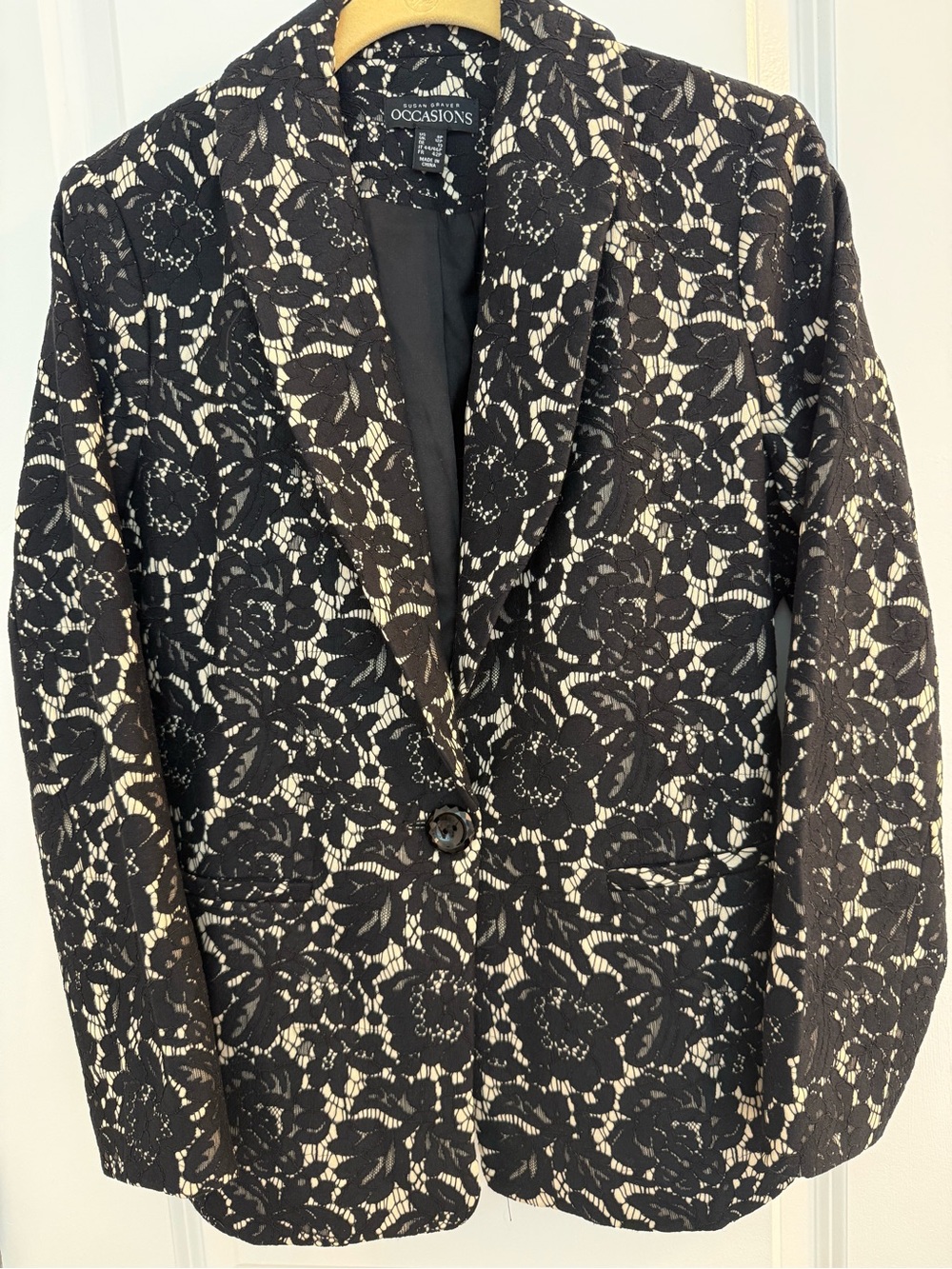 NWOT, Susan Graver Black Lace-Overlay Cream Blazer